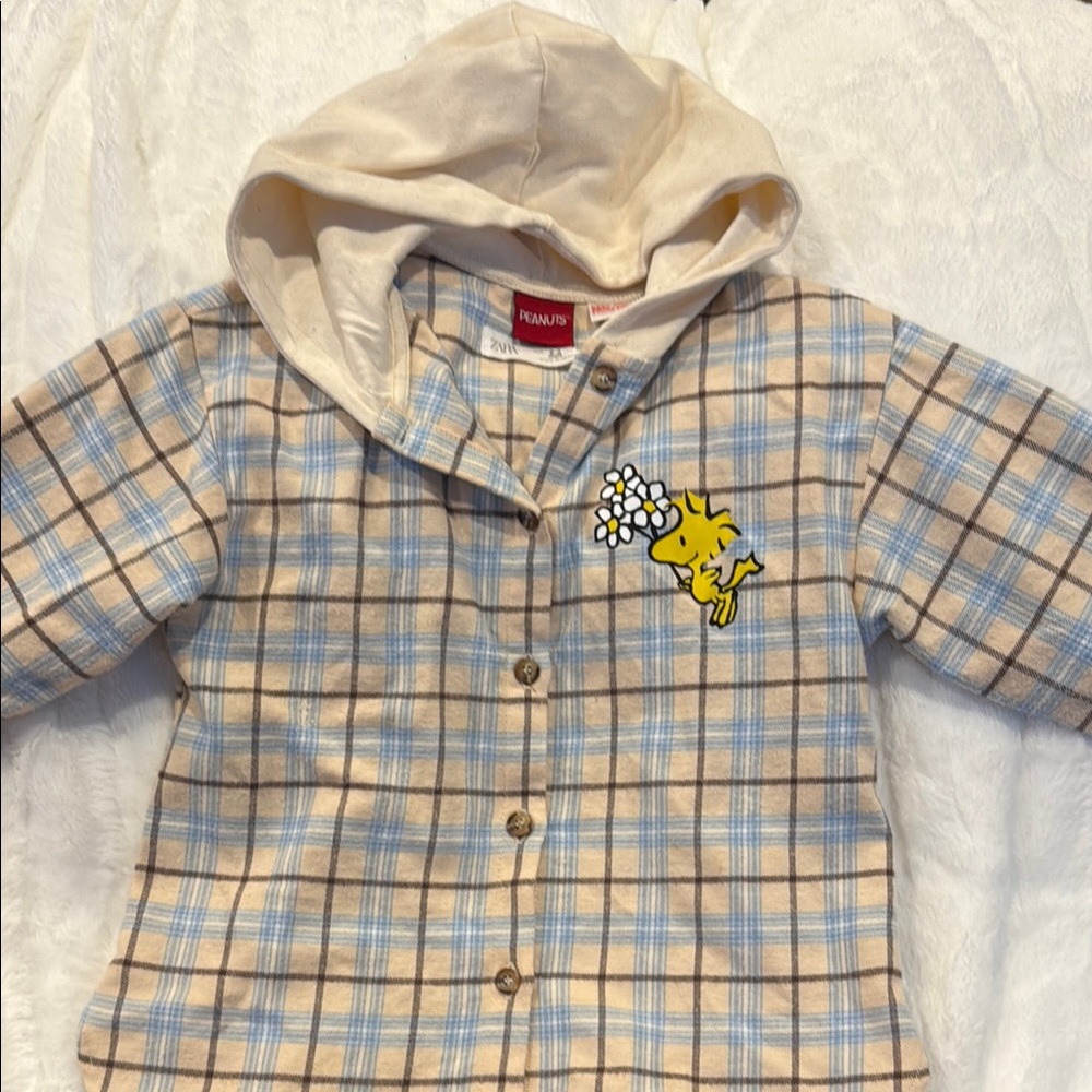 Peanuts Kids Plaid Hoodie Shirt - Blue and Tan